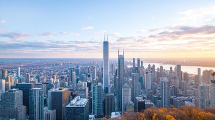Obraz premium Chicago sunrise cityscape Lake Michigan view, autumn foliage