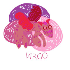 Vector hand drawn illustration of Virgo sign. Cute beautiful animal with wings. Hand drawing of zodiac signs. Abstract drawing, Virgo, horoscope, sign. Color harmony illustration.