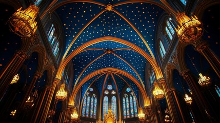 Fototapeta premium This beautiful image captures the intricate details of a Gothic church ceiling adorned with golden arches and a starry blue sky, evoking a sense of awe and wonder.