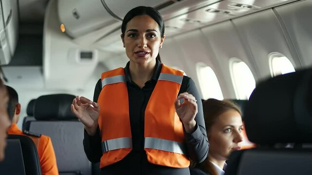 Flight Attendant Safety Briefing on Life Vests