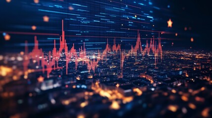 An urban night cityscape with vivid digital trends visualized in red against the backdrop of twinkling lights, merging technology and modern life in a striking visual statement.