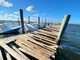 Damaged marina with overturned boats and broken dock under blue sky