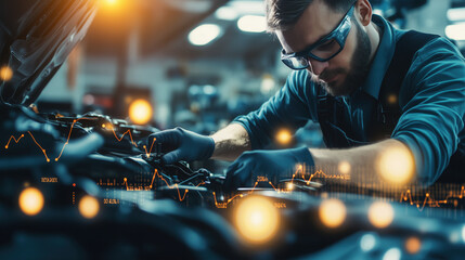 Automotive Technician Repairing a Vehicle with Digital Graphs in the Background Displaying Global Automotive Market Trends, Price Fluctuations, and Production Costs