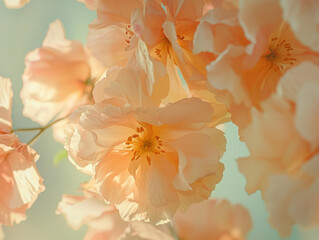 A soft-focus close-up of delicate peach blossoms in warm natural light.