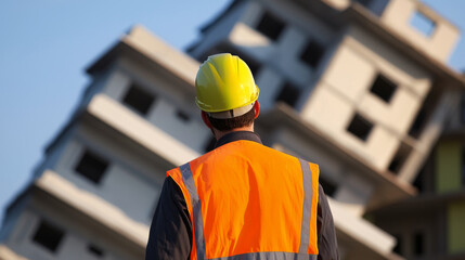 structural engineer assessing leaning apartment building for safety
