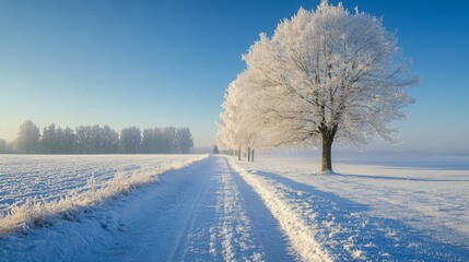 Obraz premium A breathtaking view of frosted trees and snow-covered fields bathed in sunlight under a clear blue sky, offering a peaceful and stunning winter landscape to enjoy.