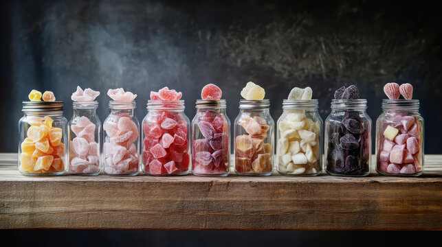 Assortment of freeze-dried candies in glass jars for sweet treats and snack ideas