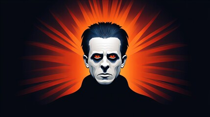 Intense portrait of a man with striking red eyes, set against a vibrant orange and black background.