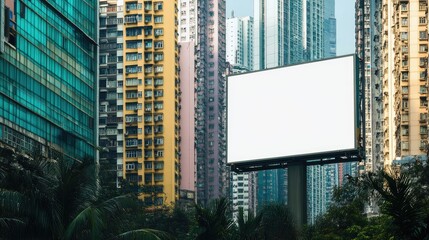 Obraz premium Blank Billboard Amidst Dense Urban High Rise Buildings