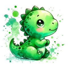 Fototapeta premium watercolor illustration of a cute dinosaur sitting and looking up, featuring splashes and splatters isolated on a transparent background