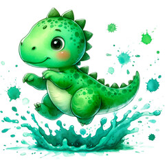 Fototapeta premium watercolor illustration of a cute dinosaur jumping and having fun, featuring splashes and splatters isolated on a transparent background