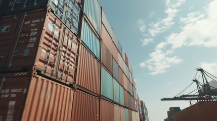 Fototapeta premium Containers stacked high in a busy port under a bright sky during daytime operations