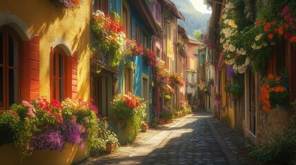 Fototapeta premium Colorful Flower Laden European Street Scene