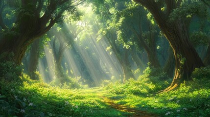 Fototapeta premium Sunlit Path Through Lush Green Forest Canopy