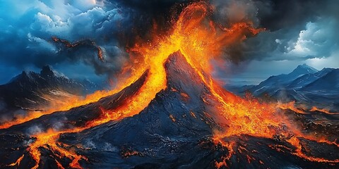 balance of calm and power as a volcano gracefully transition eruption lava 