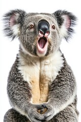Obraz premium Koala displays unique expression while sitting against plain background