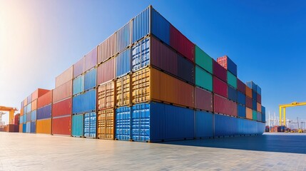 Colorful shipping containers stacked at a port under a clear blue sky during midday