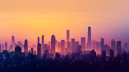 Fototapeta premium City Skyline at Sunset Glowing Hues of Orange and Purple