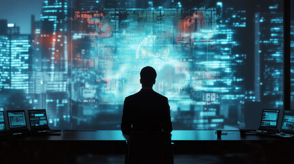 Entrepreneur Presenting a New Tech Startup Idea in a Conference Room with Abstract Digital Market Charts in the Background Reflecting the Volatility of Tech Industry Valuations