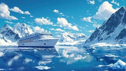 A luxury cruise ship is sailing in the waters of an ice-covered sea, surrounded by snow-capped mountains and floating glaciers.