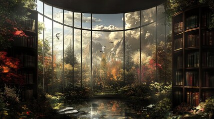 Serene Autumn Library Overlooking Majestic Mountains