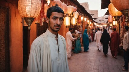 Obraz premium Young Arab Man in Modern Thawb at Sunset Souk: Golden Hour Cultural Scene with Brass Lanterns, Silk Textiles, and Spice Stalls for Travel or Lifestyle Branding