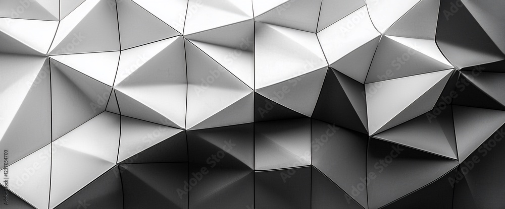 Aufkleber Abstract grayscale geometric pattern of interconnected triangles creating a three-dimensional textured surface.