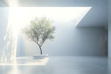Obraz premium A serene, minimalist white room is illuminated by soft light, with a solitary tree standing as a symbol of nature and tranquility 
