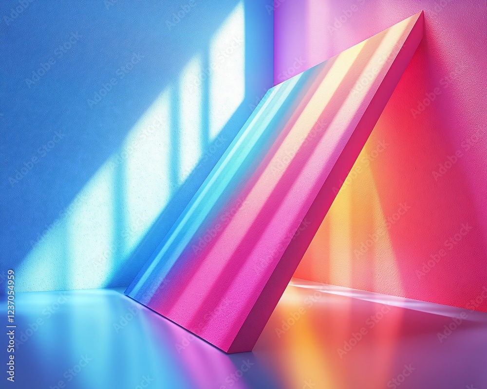 Poster abstract colorful geometric shapes in a vibrant room with light and shadow.