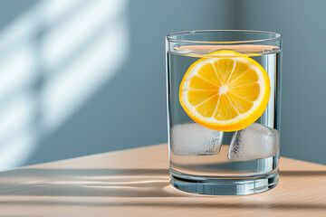 Hydration meets health as pure water with lemon slice sits in crystal-clear glass. Refreshing citrus infusion adds natural vibrancy, reflecting clean and balanced lifestyle choices.