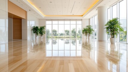 Modern office lobby with plants, city view
