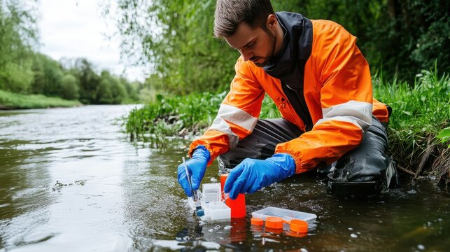 An environmental engineer conducting water quality tests by a river, with testing kits and natural scenery in the background, Field testing scene