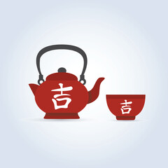 Red Chinese teapot, traditional tea drinking, Icon of red teapot and cup tableware, vector art