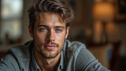 Fototapeta premium Portrait of a young man. Confident gaze. Stylish casual attire. Indoor setting.