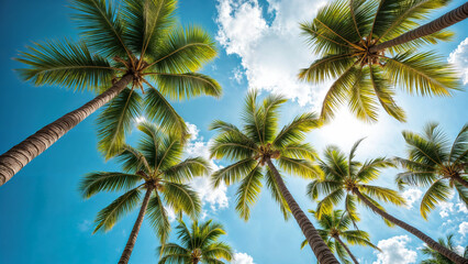 Tropical paradise. Palm trees under a sunny sky. Vacation vibes. Summer escape.