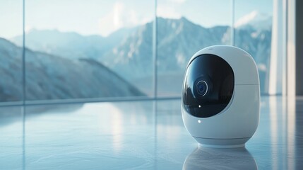 A futuristic 3D white security camera installed on a smooth, glossy surface with natural lighting highlighting its features 