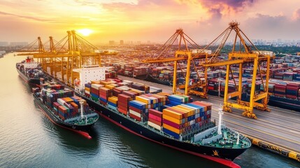 Fototapeta premium Container Ships and Cranes at Sunset in Busy Port