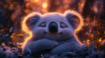 Fototapeta premium Koala looking peaceful among leaves at twilight in a serene forest setting