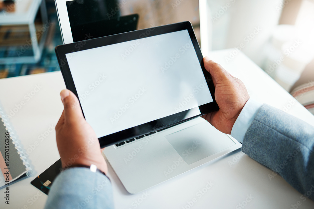 Poster Business person, hands and mockup with tablet screen for research, app or UX at office. Closeup, employee or user browsing with technology display or space for network, connection or app at workplace