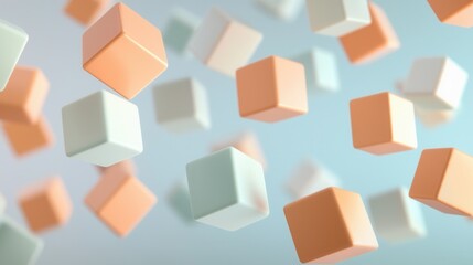Fototapeta premium Group of small cubes floating in the air. the cubes are of different sizes and colors, including orange, white, and light blue.