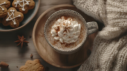 Fototapeta premium Cozy winter scene: warm drink topped with whipped cream and cinnamon, alongside star-shaped cookies.