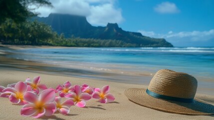 Obraz premium Beautiful beach with blue water and pink plumeria flowers lying on the sand, a straw hat in the foreground, on a sunny day. 