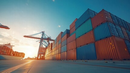 Industrial port area at sunset with stacked shipping containers and cranes in action