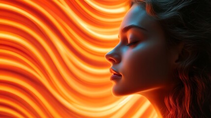 This serene profile image captures a woman's face against warm orange waves of light, evoking feelings of tranquility and introspection amidst beautiful visuals.