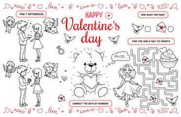 Festive placemat for children. Printable activity sheet "Happy Valentine's Day" with a labyrinth, connect the dots, and a coloring page. 17x11 inch printable vector file