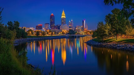 Naklejka premium Nighttime Skyline Reflecting in Calm Water