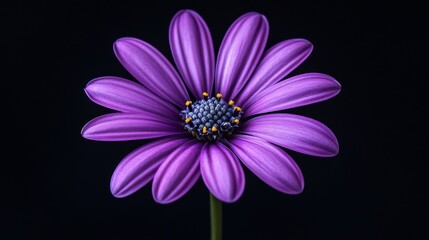 Obraz premium A stunning close-up of a vibrant purple flower showcasing its intricate petals, contrasting beautifully against a dark background highlighting its beauty.