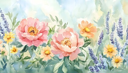 Watercolor painting of peonies lavender and daisies in a garden