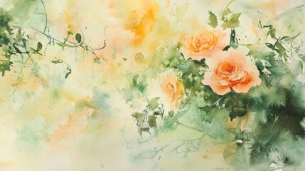 Peach Roses Watercolor Painting Garden Blooms
