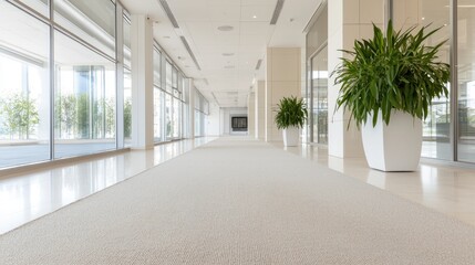 Fototapeta premium Bright and empty modern office corridor with large glass windows and green potted plants during daytime.